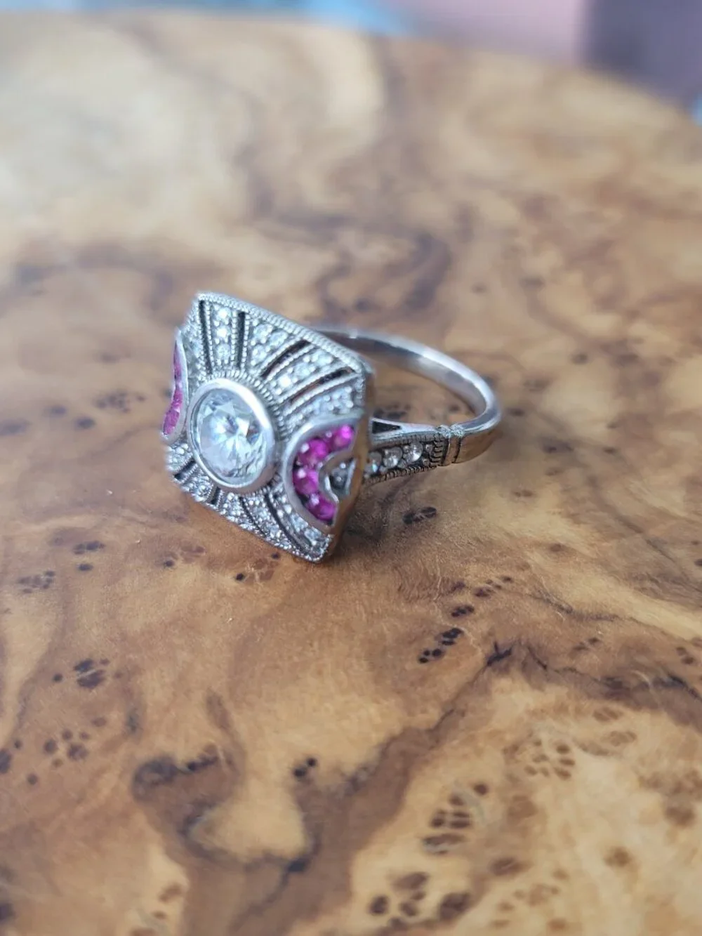 Synthetic Diamond, Ruby & Sterling Art Deco Style Ring by Joseph Esposito - Picture 1 of 6